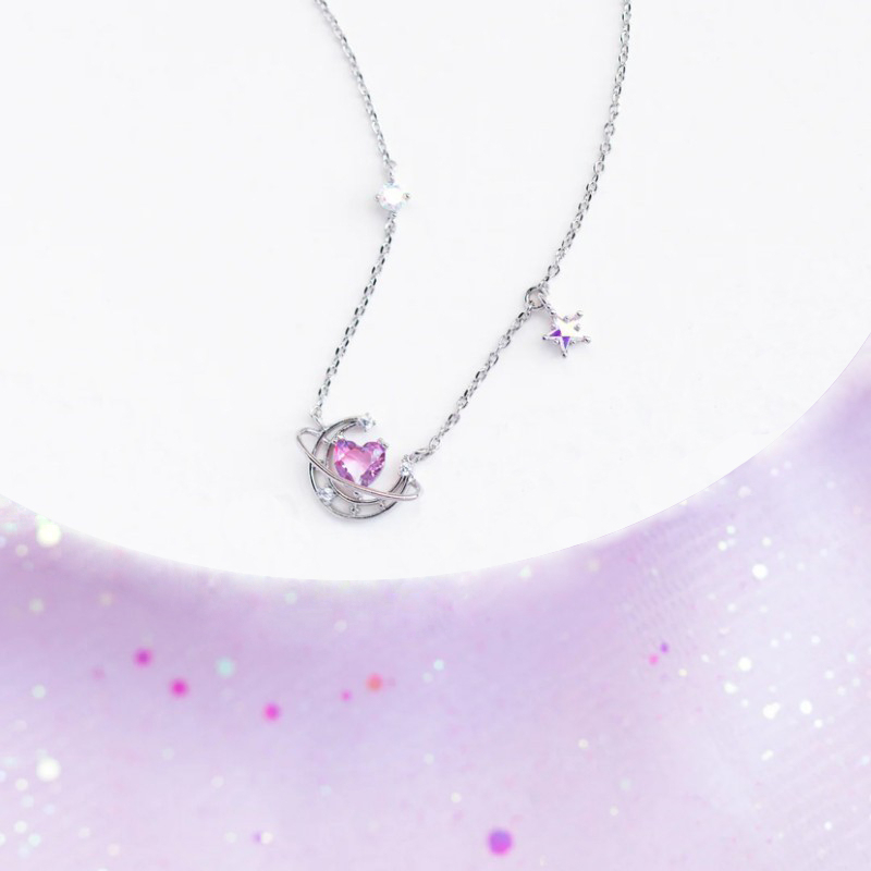 บูติก 18K ทองแท้ สร้อยคอ สีชมพู เพทาย หัวใจ ดวงจันทร์ จี้ เครื่องประดับ