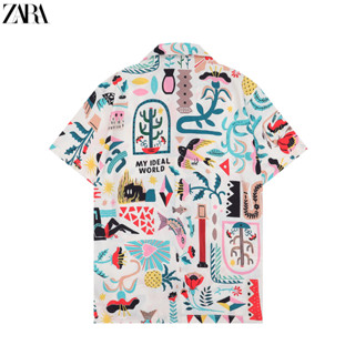 Zara เสื้อเชิ้ตแขนสั้น ผ้าฝ้าย พิมพ์ลาย มีสไตล์ คอปกพับ สําหรับทุกเพศ