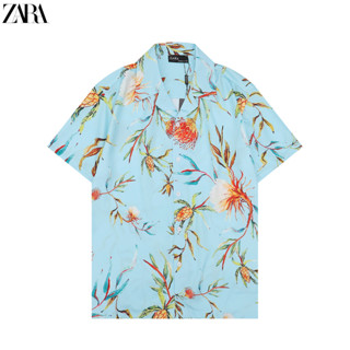 Zara เสื้อเชิ้ตแขนสั้น ผ้าฝ้าย พิมพ์ลาย มีสไตล์ คอปกพับ สําหรับทุกเพศ