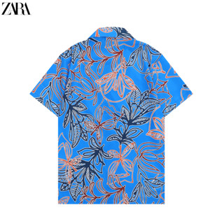 Zara เสื้อเชิ้ตแขนสั้น ผ้าฝ้าย พิมพ์ลาย มีสไตล์ คอปกพับ สําหรับทุกเพศ