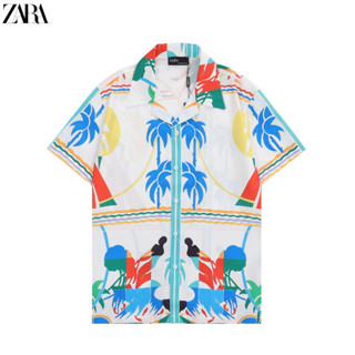 Zara เสื้อเชิ้ตแขนสั้น ผ้าฝ้าย พิมพ์ลาย มีสไตล์ คอปกพับ สําหรับทุกเพศ