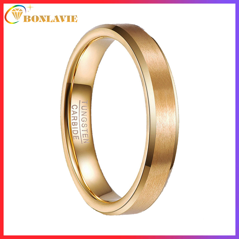 【รองรับการแกะสลัก】BONLAVIE แหวนทังสเตนคาร์ไบด์ ชุบทอง 18K เนื้อแมตต์ ขนาด 5-10 4 มม. สําหรับผู้ชาย และผู้หญิง