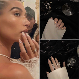 【Hailey Same Style】ชุดเล็บปลอมอะคริลิค สีชมพูมุก พร้อมกาว 24 ชิ้น Biebers wife nails