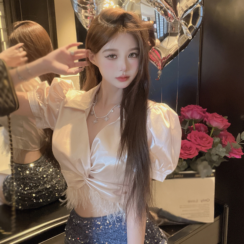 เสื้อชีฟอง คอวี แขนสั้น เซ็กซี่ สําหรับผู้หญิง