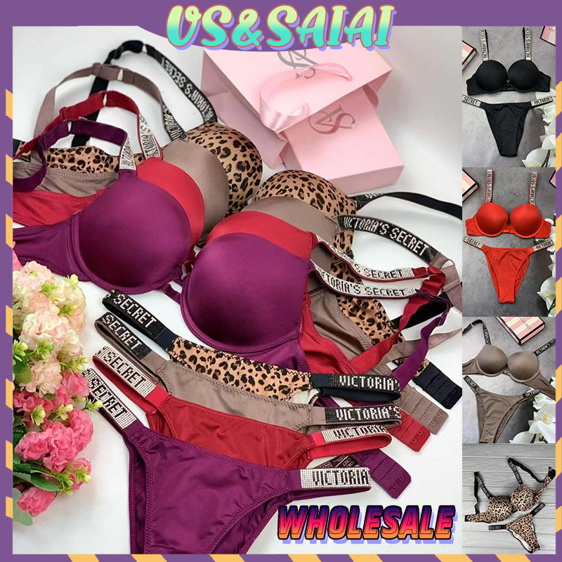 Victoria secretชุดชั้นในดันทรง พิมพ์ลายตัวอักษร ประดับกลิตเตอร์ พลอยเทียม สามารถปรับได้ เซ็กซี่ สําหรับผู้หญิง