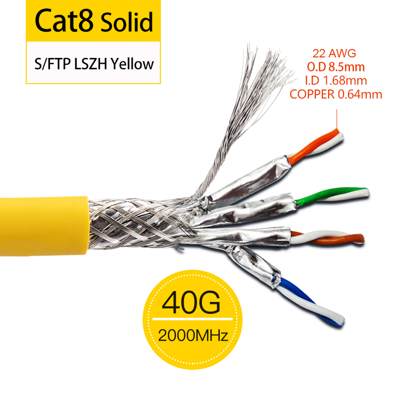 Linkwylan CAT8 สาย 40G 2000MHz S/FTP Shielded 22AWG Solid ติดตั้งสาย 24AWG Stranded Patch ดิบสาย Twi
