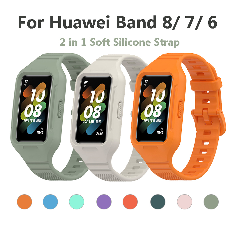 2 in 1 สายซิลิโคน สําหรับ Huawei Band 9/8/7/6/6 Pro สายรัดข้อมือ แบบนุ่ม สําหรับ Huawei Band 8 พร้อมตัวป้องกันนาฬิกา สําหรับ Honor Band 6/7