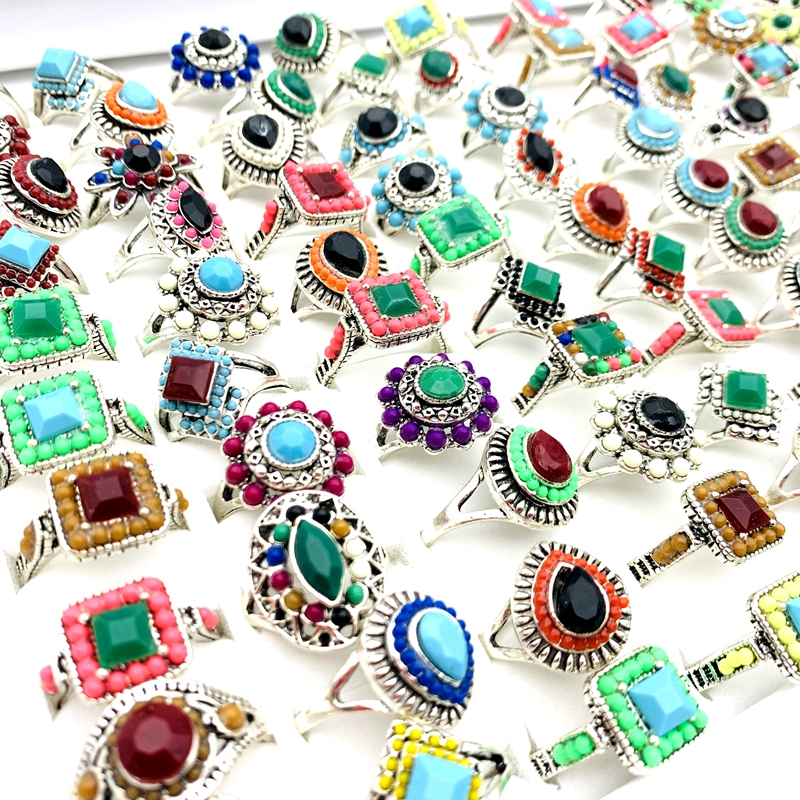 20ชิ้น ซินซิน แหวนสตรีแฟชั่นเครื่องประดับน่ารักที่มีสีสันหินอะคริลิสีเงิน