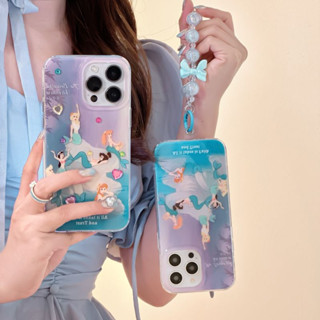 Disney ใหม่ เคสโทรศัพท์มือถือ PC แบบแข็ง ลายเจ้าหญิงดิสนีย์นางเงือก แต่งลูกปัดผีเสื้อ สีฟ้า พร้อมสายโซ่คล้อง สําหรับ iPhone 14 Pro max case 13 Pro max 12 Pro max 14 Pro 13 Pro 12 Pro 11 12 13 14 case