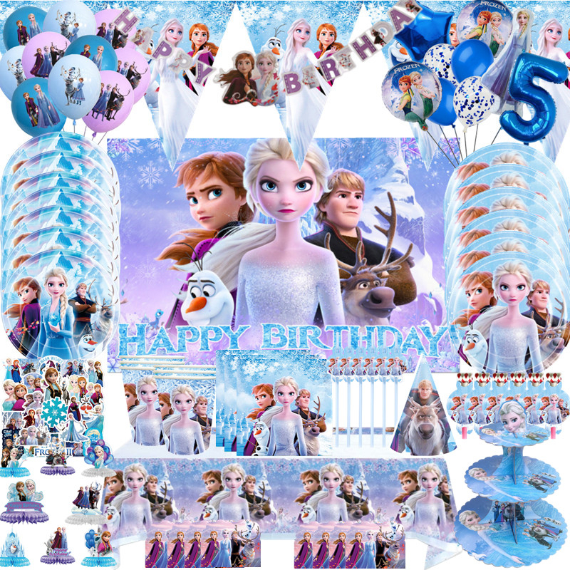ชุดจานชาม ลายการ์ตูน Frozen Elsa Anna แบบใช้แล้วทิ้ง สําหรับตกแต่งปาร์ตี้วันเกิดเด็ก