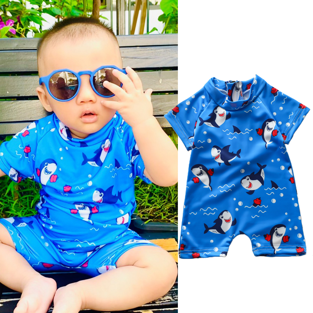 ชุดว่ายน้ําวันพีซ GETA-Baby Boys, ชุดว่ายน้ํากันแดดลายการ์ตูนฉลาม 3D สําหรับฤดูร้อน