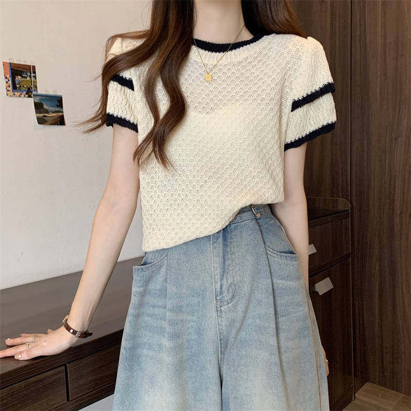 ZHELIHANGFEI เสื้อสเวตเตอร์แขนสั้นบางฝรั่งเศสหลวมเอวสูงด้านบน