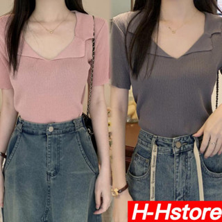 เสื้อโปโลคอวีแขนสั้นที่เข้าได้กับทุกชุด แฟชั่นผู้หญิงสไตล์เกาหลี