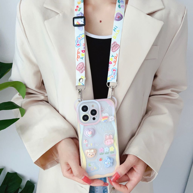 Hoce เคสโทรศัพท์มือถือ กันหาย ปิดด้านหลัง ลายการ์ตูนหูกระต่าย หมี 3D พร้อมสายสะพาย และสายสะพายข้าง สําหรับ iphone 15 14 13 12 11 Pro Max XS 7 8Plus