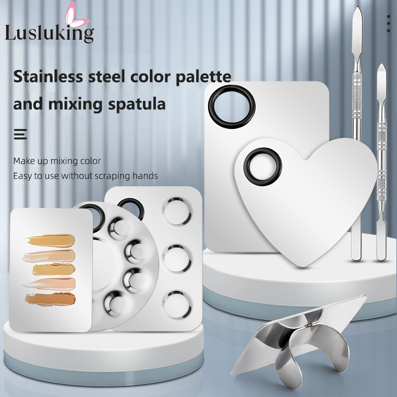 Lusluking พาเลทสีสเตนเลส รองพื้น ลิปสติก พาเลทแต่งหน้า ช่างแต่งหน้า จานสีพิเศษ จานสีสเตนเลส พร้อมไม้พายลายนูน