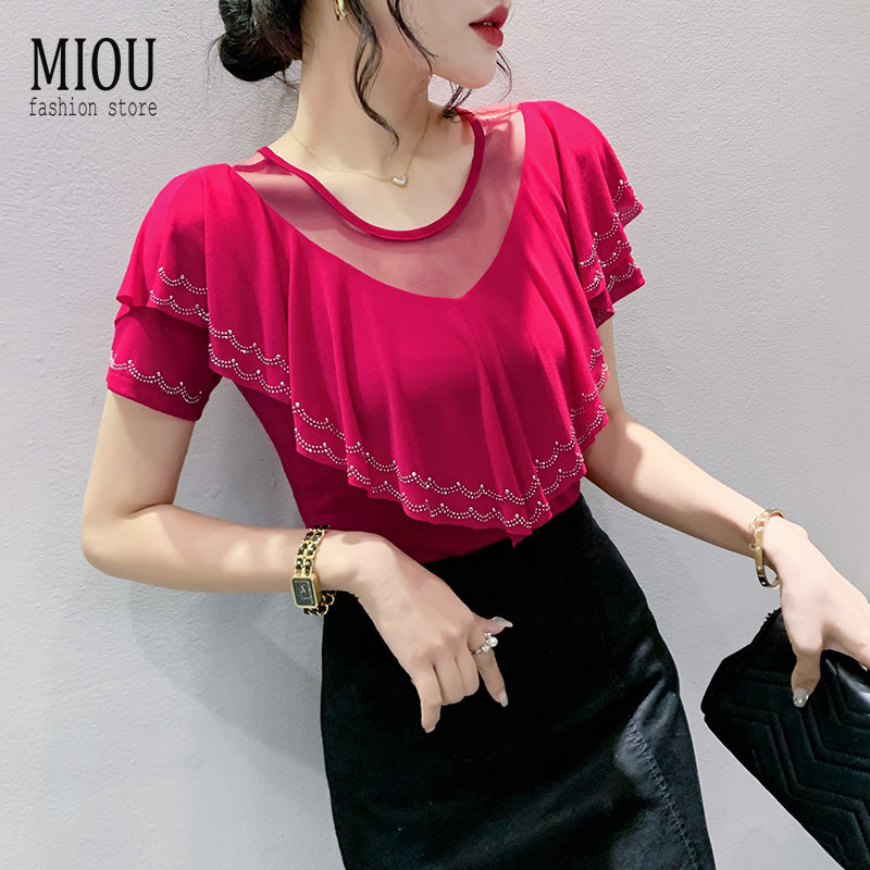 Miou เสื้อยืดแขนสั้น คอวี ผ้าตาข่าย ประดับเพชร แต่งระบาย เหมาะกับฤดูร้อน สําหรับผู้หญิง ไซซ์ M ถึง 3XL 2023