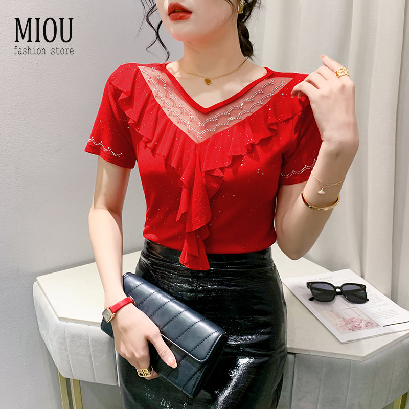 Miou ใหม่ เสื้อยืด คอวี ผ้าตาข่าย ประดับเพชร แต่งระบาย ยืดหยุ่น อเนกประสงค์ แฟชั่นฤดูร้อน สําหรับผู้หญิง ไซซ์ 3XL 2023
