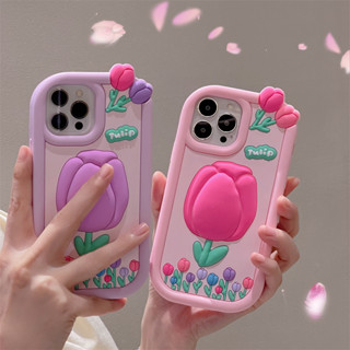 เคสโทรศัพท์มือถือ ซิลิโคนนิ่ม ลายดอกทิวลิป 3D สําหรับ iphone 14 Pro Max 13 Pro Max 12 Pro Max