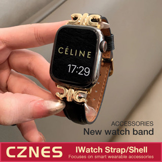 [สไตล์พิเศษ] สายนาฬิกาข้อมือ สายหนังวัวแท้ เย็บโลหะ สําหรับ IWatch S8 S7 41 มม. 45 มม. 40 มม.