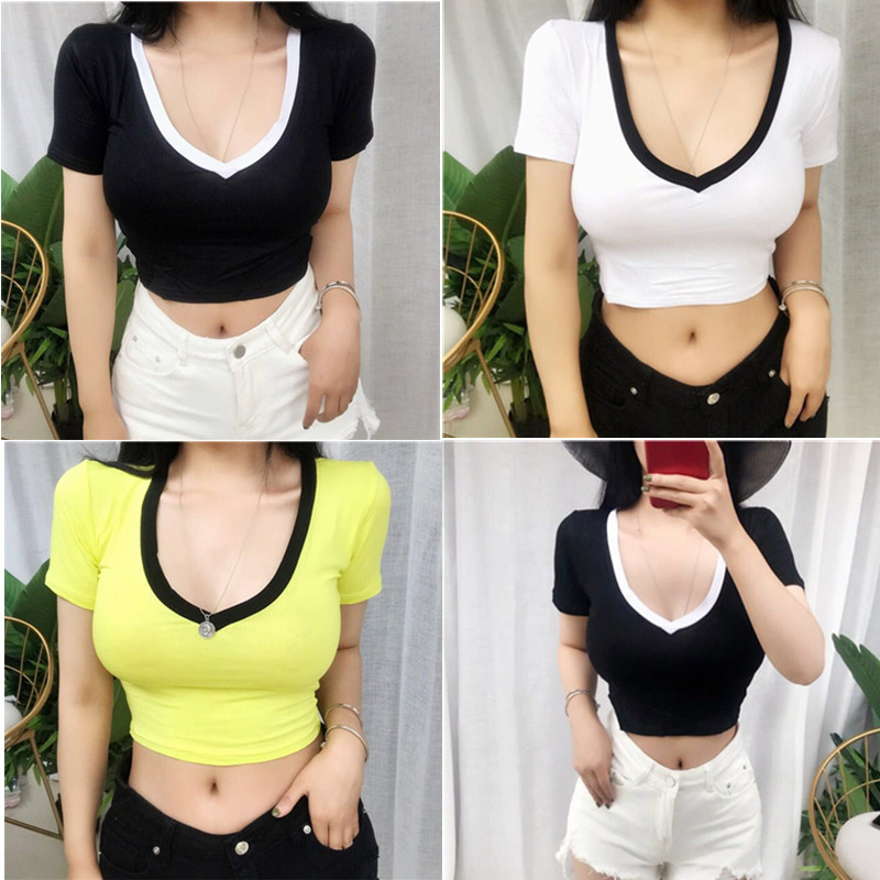 【WJZ】เสื้อยืดแขนสั้น คอวีลึก เซ็กซี่ ทรงเข้ารูป สีตัดกัน ทันสมัยสำหรับผู้หญิง【6701】