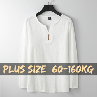 【Plus Size】เสื้อยืดแขนยาว คอวี ผ้าฝ้าย ผ้าลินิน สไตล์จีน โอเวอร์ไซซ์ สําหรับผู้ชาย