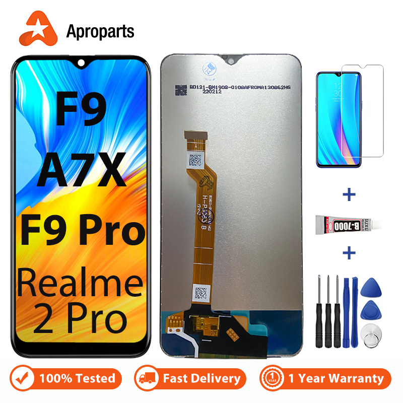 จอแอลซีดีสำหรับ OPPO F9 F9 Pro A7X Realme 2 Pro CPH1823 จอแสดงผลหน้าจอสัมผัสการเปลี่ยนชุดดิจิตอลเซอร์