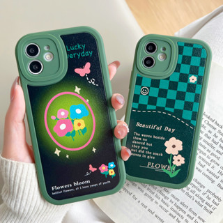 เคสโทรศัพท์หนัง ซิลิโคน TPU นิ่ม กันรอยเลนส์กล้อง ลายดอกไม้ สีเขียว สําหรับ iPhone 14 13 12 11 XS XR X Pro Max 7 8 6 6s Plus | Xmd 047