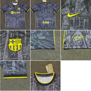 Promose ใหม่ Barcelona FC เสื้อกีฬาแขนสั้น สีดํา สําหรับผู้ชาย ไซซ์ S-2XL 2023 2024 2023 24