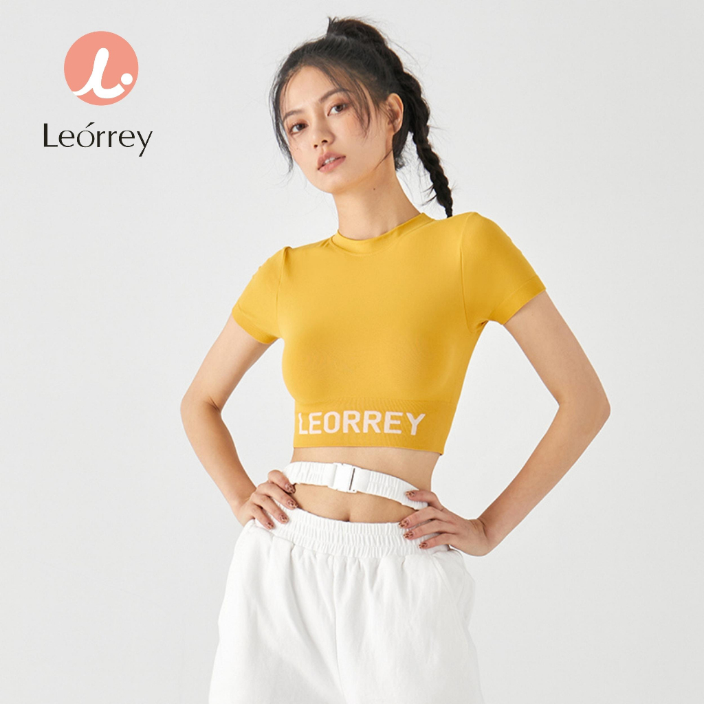 Leorrey เสื้อยืด เสื้อครอป แขนสั้น พิมพ์ลายตัวอักษร สไตล์สปอร์ต แฟชั่น สําหรับออกกําลังกาย โยคะ วิ่ง เข้าฟิตเนส