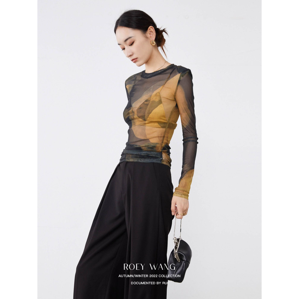 R ROEYWANG Premium du Home เสื้อกอซ พิมพ์ลาย ออกแบบเฉพาะ ยืดหยุ่น เข้ารูป เสื้อตาข่าย Bottoming