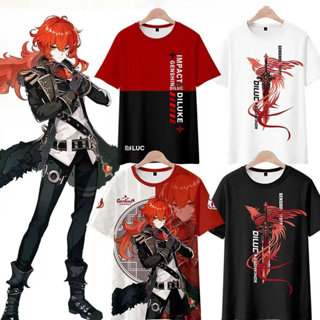 ใหม่ เสื้อยืดแขนสั้นลําลอง มีฮู้ด พิมพ์ลายอนิเมะญี่ปุ่น Genshin Impact Diluc 3D ทรงหลวม สําหรับผู้ชาย ผู้หญิง