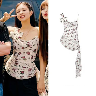 jennie Blackpink เสื้อยืดแขนกุด ผ้าชีฟอง ประดับโบว์ ลายดอกไม้ สไตล์ฝรั่งเศส