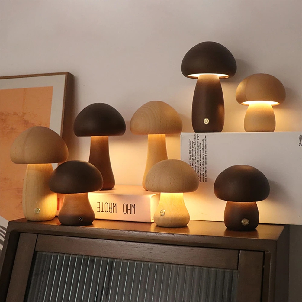 Ins LED MINI Night Light พร้อมสวิทช์สัมผัสไม้น่ารักเห็ดโคมไฟข้างเตียงสําหรับห้องนอนห้องเด็ก Sleeping Night โคมไฟ