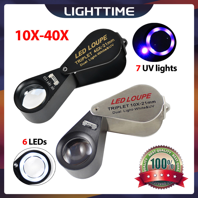 แว่นขยาย 10X-40X พับได้ พร้อมไฟ LED 6 ดวง 7 UV สําหรับส่องเครื่องประดับ