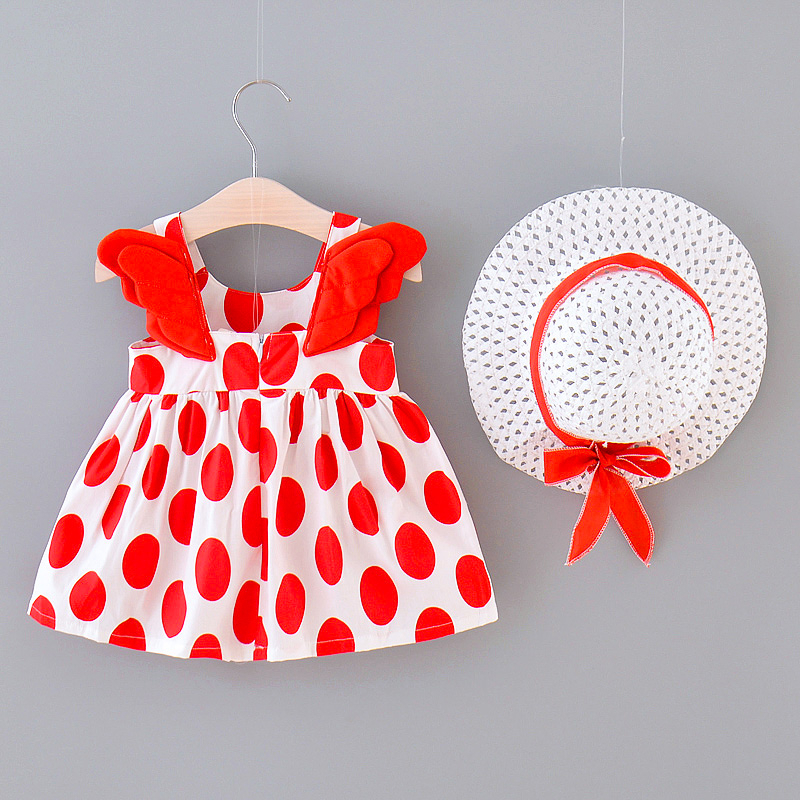 Girls' Summer Dress Wing Strap Baby Princess Dress Polka Dot Children's Party Dress 0-3 Years Old Free Sun Hat 2023 New Product