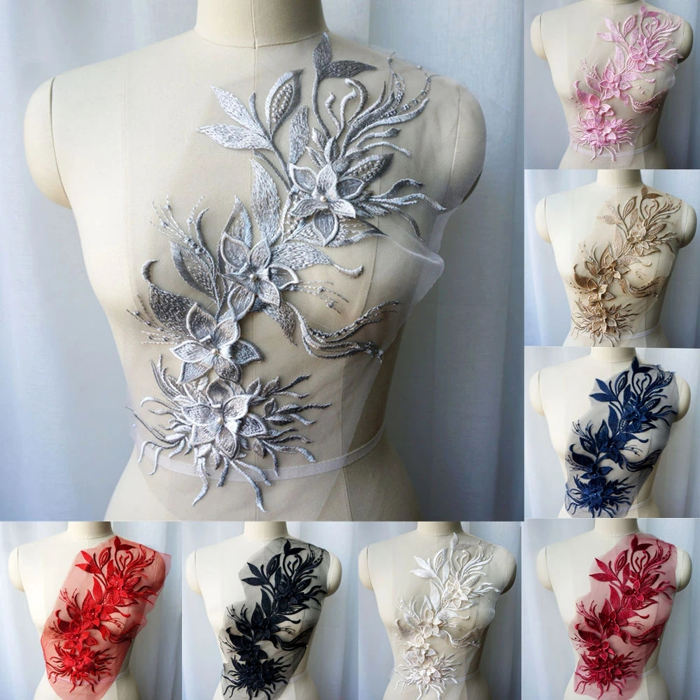 ผ้าลูกไม้ ปักลายดอกไม้ 3D สําหรับตกแต่งชุดแต่งงาน DIY