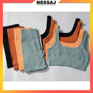 Nessaj ชุดสปอร์ตบรา คอวี กางเกงขาสั้น เอวสูง ไร้รอยต่อ เหมาะกับใส่เล่นโยคะ ออกกําลังกาย สําหรับผู้หญิง