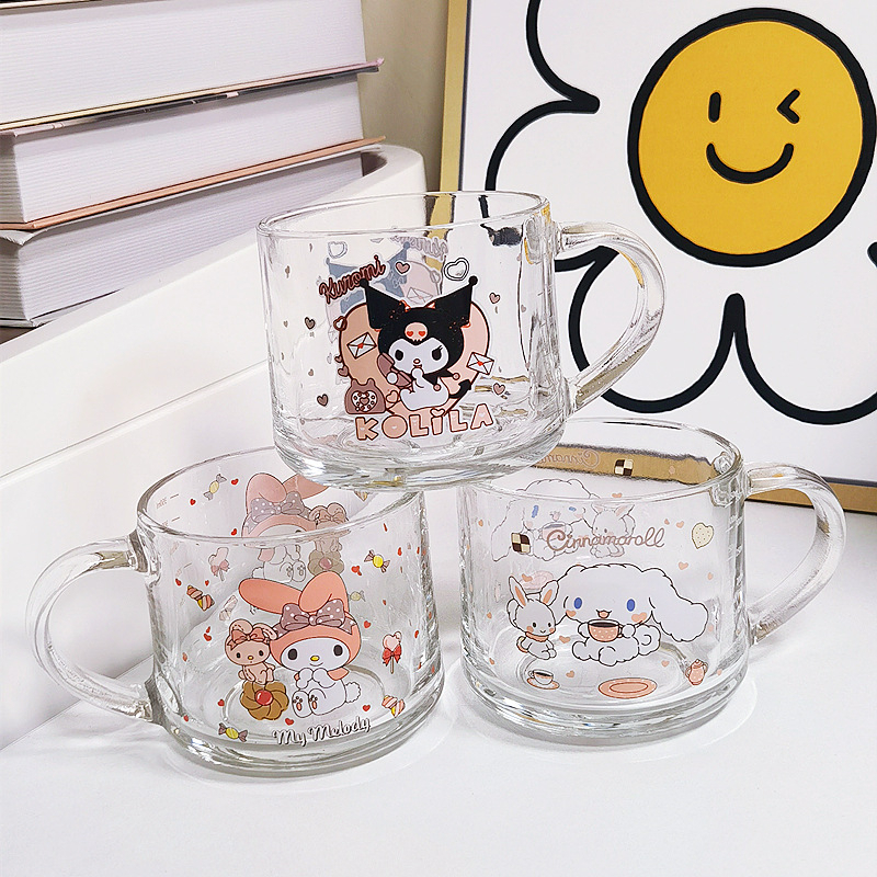 350ml Sanrio Cup Kawaii Cinnamoroll My Melody kuromi Simple Ins การ์ตูนโปร่งใสถ้วยนมแก้วน่ารัก Girly Heart ถ้วยกาแฟ