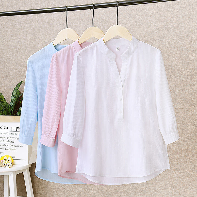 เสื้อเชิ้ตแขนสามส่วน คอปก ทรงหลวม สีขาว แฟชั่นทันสมัย สําหรับผู้หญิง