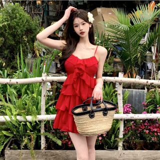 ชุดเดรสแขนกุด ผ้าชีฟอง เข้ารูป เอวแคบ เซ็กซี่ สีแดง สไตล์เกาหลี เหมาะกับวันหยุดริมทะเล สําหรับผู้หญิง