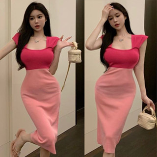 ThaiGirls-ชุดมินิเดรส บอดี้คอน คอสี่เหลี่ยม ผ้าเรยอนถัก เอวสูง สไตล์วินเทจ สําหรับผู้หญิง