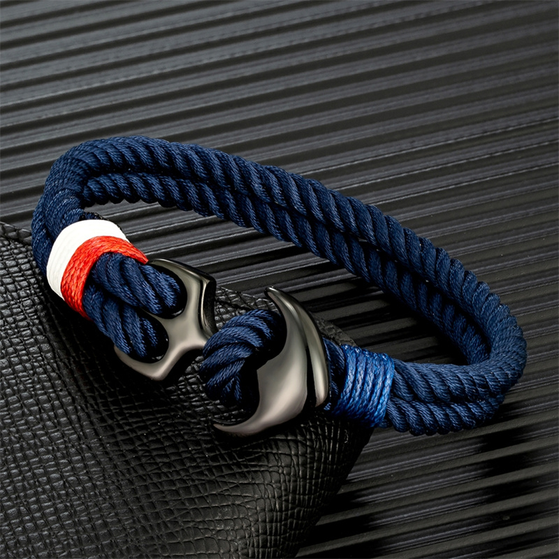 Mkendn Anchor สร้อยข้อมือผู้ชาย Double strand Nautical Surfer สร้อยข้อมือเชือกกันน้ําผู้หญิงสีดําสแตนเลสกีฬาหัวเข็มขัด