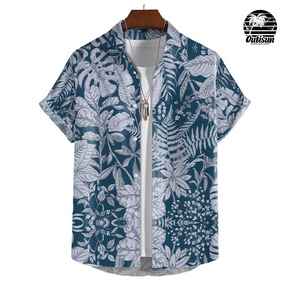 เสื้อเชิ้ตแขนสั้นลําลอง พิมพ์ลายใบไม้ ทรงหลวม ขนาดใหญ่ แฟชั่นฤดูร้อน สไตล์ยุโรป สําหรับผู้ชาย