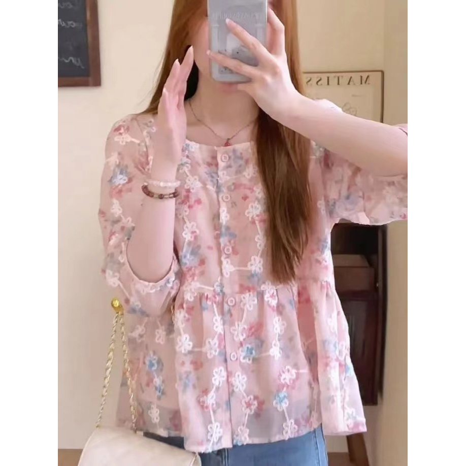 เสื้อเชิ้ต แขนสั้น คอสี่เหลี่ยม ลายดอกไม้ แฟชั่นสไตล์เกาหลีเรโทร สําหรับผู้หญิง
