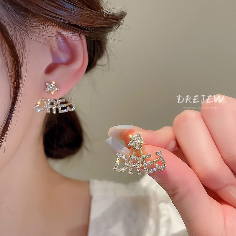 DREJEW ต่างหูเข็มเงิน ฝังเพชร รูปดาวห้าแฉก ตัวอักษร ระดับไฮเอนด์ แฟชั่นสไตล์เกาหลี