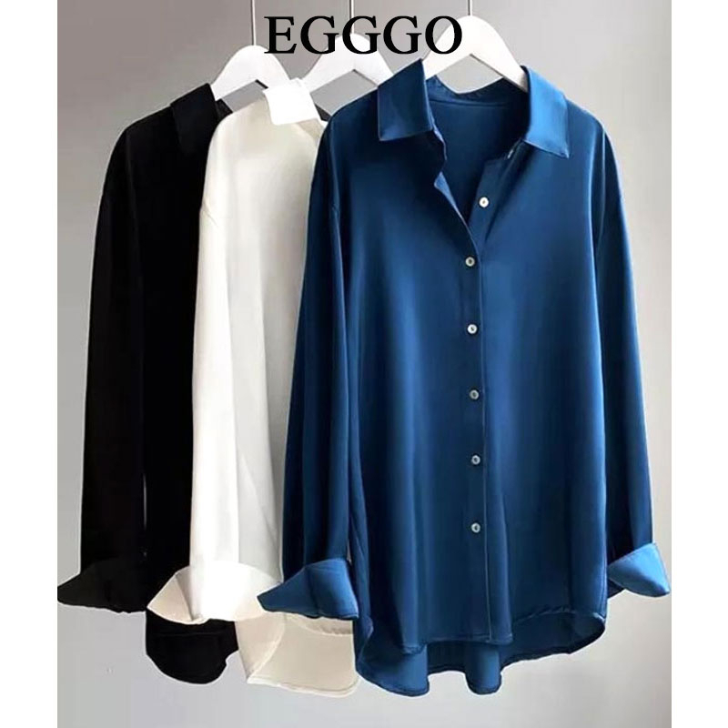 [คุณภาพพรีเมี่ยม] เสื้อเชิ้ต ผ้าซาติน ทรงหลวม สไตล์เกาหลี สําหรับผู้หญิง