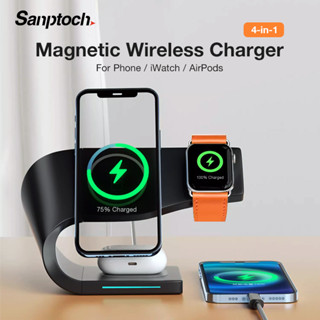 Sanptoch 4 in 1 แท่นชาร์จแม่เหล็กไร้สาย 15W Qi ชาร์จเร็ว สําหรับ iPhone 14 13 12 Pro Max Apple Watch 8 7 6 5 4 3 2 Airpods Pro2 Pro