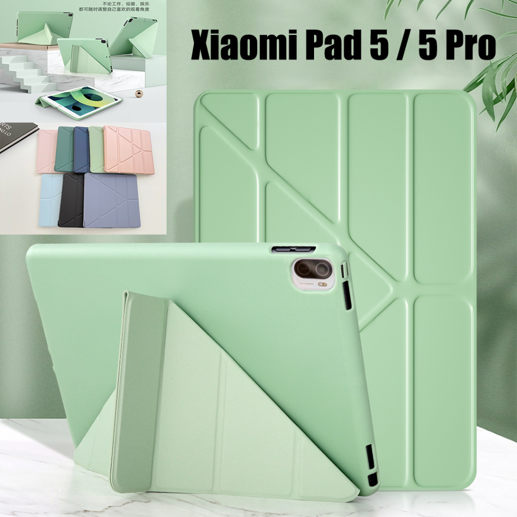 สําหรับ Xiaomi Pad 5 Pro 5G (2021) 11.0 inch Mi Pad5 21051182G แฟชั่น หลายพับ Y ขาตั้ง เต็มรูปแบบ ปลายสูง แท็บเล็ต เคสฝาพับ ป้องกัน สีพื้น เคส TPU นิ่ม