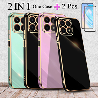 2 IN 1 Honor X8A เคสชุบขอบทอง พร้อมกระจกนิรภัยกันรอยหน้าจอเซรามิค แบบโค้ง