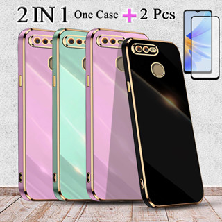 2 IN 1 OPPO A12 A5S A7 เคสชุบไฟฟ้า ขอบตรง พร้อมตัวป้องกันหน้าจอเซรามิค สองชิ้น